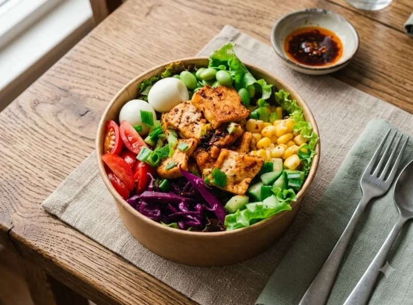 Tofu and vegetable bowl with eggs on a wooden table