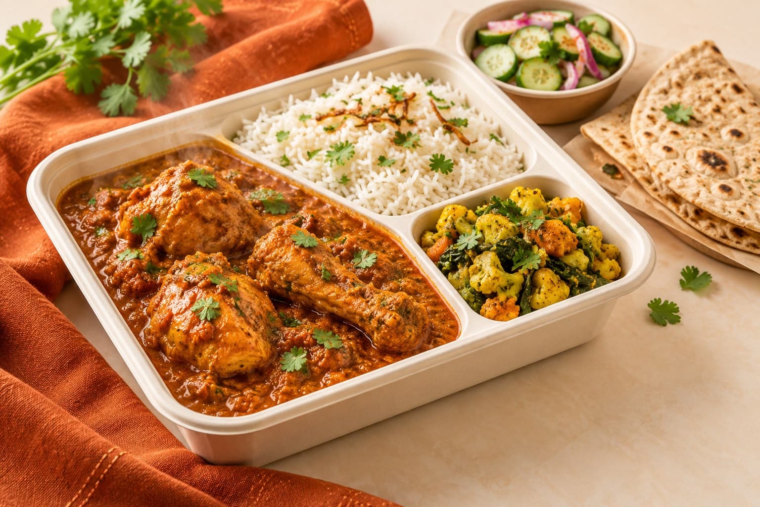 Chicken curry tiffin tray with rice, vegetables, and roti